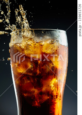 Sparkling cola is poured into a misted glass with ice. 139651726
