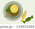 Minimalist Tea Time Vector Top View of Ceramic Cup and Saucer with Lemon Mint and Sweet Candies in Wrappers for Cafe Branding Lifestyle Design Asset 139652088