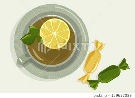 Minimalist Tea Time Vector Top View of Ceramic Cup and Saucer with Lemon Mint and Sweet Candies in Wrappers for Cafe Branding Lifestyle Design Asset 139652088