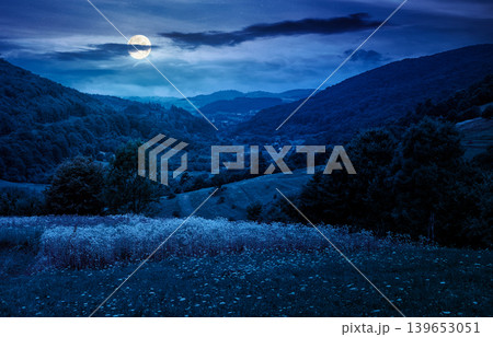 rural field on the hill at night. view in to the valley. countryside mountain landscape. full moon over alpine pasture near forested hills. inner strength to overcome fear, loneliness in darkness 139653051