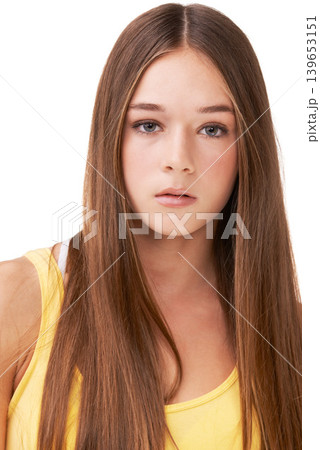 Cosmetics, fashion and portrait of girl on a white background with attitude, confidence and style. Teenager, youth and isolated young person with trendy clothes, casual outfit and stylish in studio 139653151