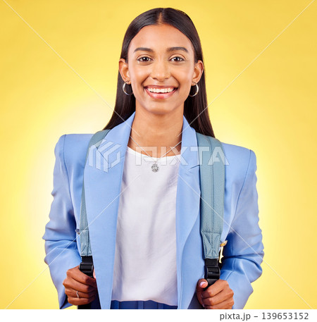 Happy, studio or portrait of woman student with backpack smile or scholarship on yellow background. Bag, university or face of proud Indian college girl excited by school education, vision and future Happy, studio or portrait of woman student with backpack smile or scholarship on yellow background. Bag, university or face of proud Indian college girl excited by school education, vision and future 139653152