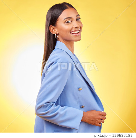 Business woman, worker and portrait with professional style and fashion in a studio. Yellow background, happy and female creative employee from India with pride and writer agency career confidence Business woman, worker and portrait with professional style and fashion in a studio. Yellow background, happy and female creative employee from India with pride and writer agency career confidence 139653185