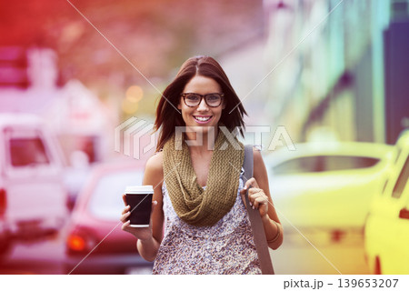 Happy, woman and portrait of coffee break in city, street or outdoor on holiday or vacation in summer. Takeaway, tea and college student walk in town with beverage in a cup and freedom on adventure 139653207