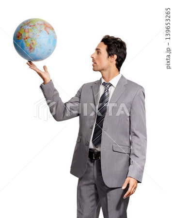Business man with globe, planet or earth isolated on a white studio background. Person in suit, world map and geography, environment conversation and future protection, ecology and sustainability 139653265