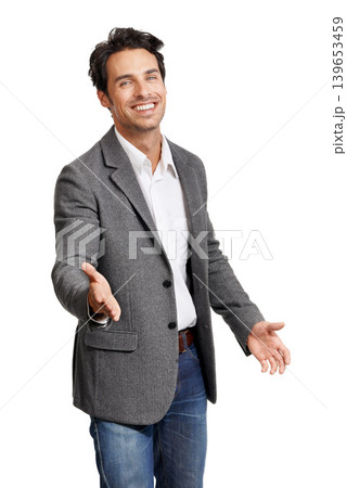 Happy, portrait and business man with handshake offer in studio for welcome or hello on white background. Face, thank you and male entrepreneur smile with shaking hands emoji, support or pov b2b deal 139653459