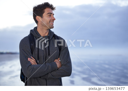 Thinking, beach and man with arms crossed, travel and backpack with holiday, idea or getaway trip. Person, seaside or traveller with nature or wellness with water, explore or smile with summer break Thinking, beach and man with arms crossed, travel and backpack with holiday, idea or getaway trip. Person, seaside or traveller with nature or wellness with water, explore or smile with summer break 139653477