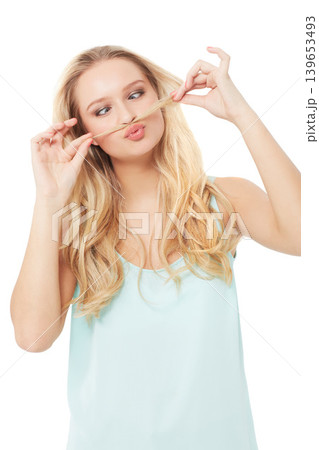 Hair, comic moustache and woman on a white background with cosmetics, funny joke and positive attitude. Fashion, humor and isolated confident person in trendy clothes, style and outfit in studio Hair, comic moustache and woman on a white background with cosmetics, funny joke and positive attitude. Fashion, humor and isolated confident person in trendy clothes, style and outfit in studio 139653493