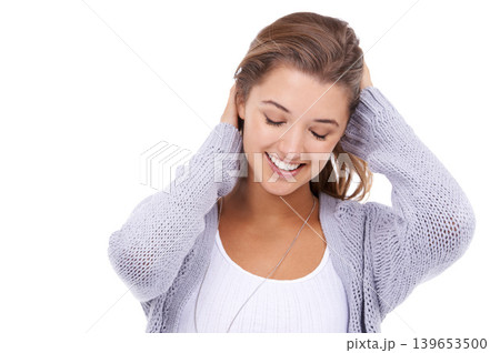Happy, hair and woman in studio for beauty, care or touching shampoo results on white background. Haircare, smile and female model with conditioner, treatment or texture for growth satisfaction 139653500