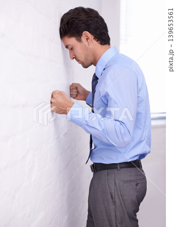 Businessman, stress and head on wall for depression, burnout and anxiety for challenge fail. Financial crisis, frustrated and a tired professional in bankruptcy, debt and worry for office mistake Businessman, stress and head on wall for depression, burnout and anxiety for challenge fail. Financial crisis, frustrated and a tired professional in bankruptcy, debt and worry for office mistake 139653561
