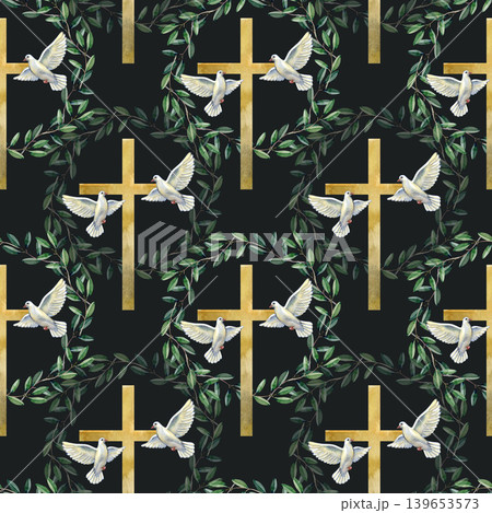 Elegant seamless pattern featuring golden crosses, white flying doves, and green olive branches. This hand drawn watercolor design symbolizes peace, faith, and hope, perfect for religious and Elegant seamless pattern featuring golden crosses, white flying doves, and green olive branches. This hand drawn watercolor design symbolizes peace, faith, and hope, perfect for religious and 139653573