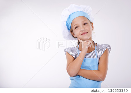 Kid, chef and thinking of food, idea and menu for child development on white background. Culinary skills, young and ready to cook and childhood growth with mockup for hospitality industry future Kid, chef and thinking of food, idea and menu for child development on white background. Culinary skills, young and ready to cook and childhood growth with mockup for hospitality industry future 139653580