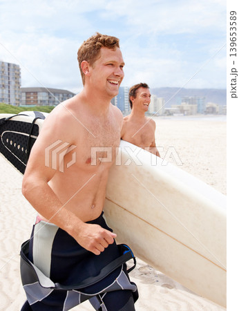 Fitness, surfing and friends running on beach together for travel, sports or exercise in summer. Training, smile and shirtless surfer men on sand for vacation or holiday on coast of Australia Fitness, surfing and friends running on beach together for travel, sports or exercise in summer. Training, smile and shirtless surfer men on sand for vacation or holiday on coast of Australia 139653589