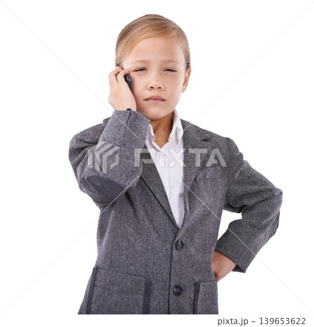 Business, child and phone call in studio with anger, feedback and connection problem or sales deal failure. Little girl, cross and smartphone to pretend as boss and bad service by white background 139653622