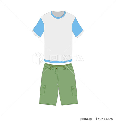 Green men's, women's, unisex shorts, t-shirt for a summer hike in the mountains. Green men's, women's, unisex shorts, t-shirt for a summer hike in the mountains. 139653820