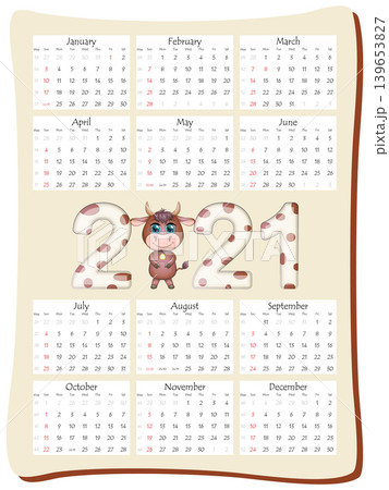 2021 annual calendar 12 months, calendar template in vertical orientation with a beautiful inscription 2021 with the symbol of the year cow, bull. 2021 annual calendar 12 months, calendar template in vertical orientation with a beautiful inscription 2021 with the symbol of the year cow, bull. 139653827