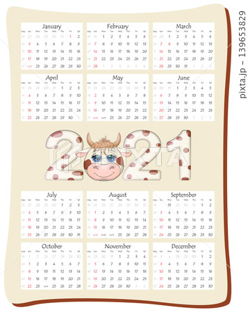 2021 annual calendar 12 months, calendar template in vertical orientation with a beautiful inscription 2021 with the symbol of the year cow, bull. 139653829