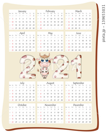2021 annual calendar 12 months, calendar template in vertical orientation with a beautiful inscription 2021 with the symbol of the year cow, bull. 139653831