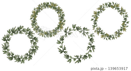 Set of watercolor greenery wreaths and round frames with delicate botanical leaves for logos, wedding invitations, labels and branding. Elegant organic circles for modern, romantic design projects Set of watercolor greenery wreaths and round frames with delicate botanical leaves for logos, wedding invitations, labels and branding. Elegant organic circles for modern, romantic design projects 139653917