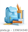 Back to school blue backpack with books and pencils, glossy flat illustration of school supplies 139654340