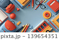 Back to school flat lay with colorful stationery, backpack and school bus illustration 139654351
