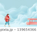 Back to school student with backpack walking toward a red school bus on a soft blue background 139654366