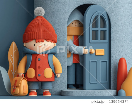 Back to school child with backpack standing at doorway while parent opens the door Back to school child with backpack standing at doorway while parent opens the door 139654374