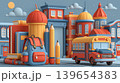 Back to school scene with backpack, pencils, books and bus in colorful minimalist town illustration 139654383