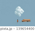 Child with backpack and school bus beneath a dreamlike cloud - back to school concept 139654400