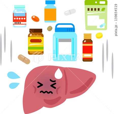 薬や添加物やサプリメントで負担がかかっている肝臓のキャラクター 薬や添加物やサプリメントで負担がかかっている肝臓のキャラクター 139654519