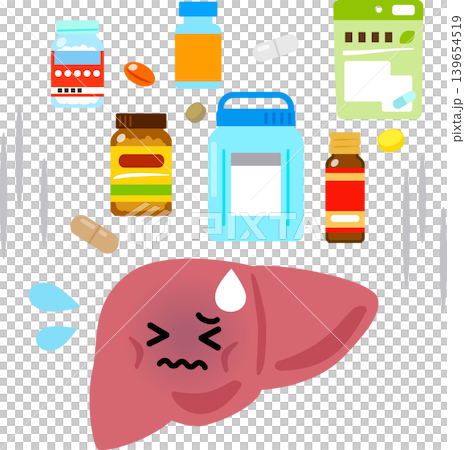 薬や添加物やサプリメントで負担がかかっている肝臓のキャラクター 薬や添加物やサプリメントで負担がかかっている肝臓のキャラクター 139654519