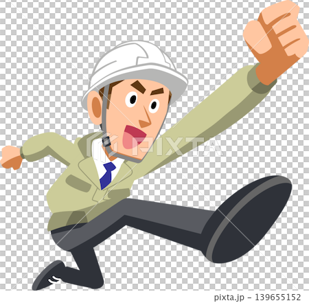 A man in work clothes jumps energetically. A man in work clothes jumps energetically. 139655152