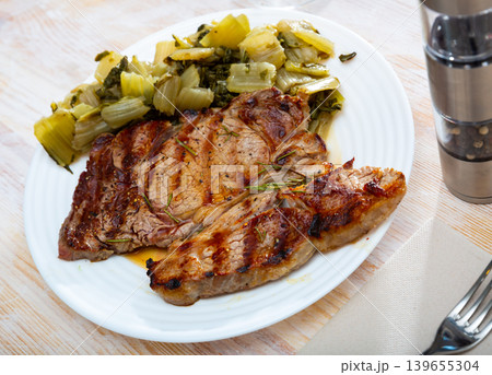 Top view on grilled beef with chard 139655304