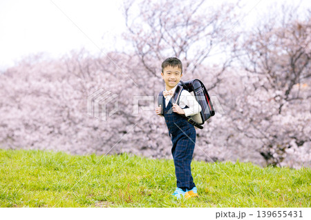 桜の咲く公園を歩く新一年生 桜の咲く公園を歩く新一年生 139655431