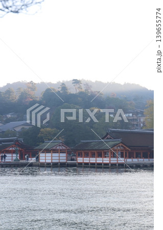 広島県宮島 厳島神社の火焼前と朝日を浴びる大鳥居 修理中の五重塔と千畳閣の風景 139655774