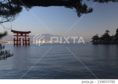 広島県宮島 厳島神社の火焼前と朝日を浴びる大鳥居 修理中の五重塔と千畳閣の風景 139655780