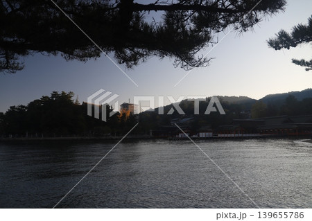 広島県宮島 厳島神社の火焼前と朝日を浴びる大鳥居 修理中の五重塔と千畳閣の風景 139655786
