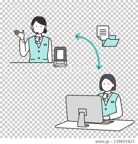 Illustration of a female staff member passing documents from reception to administrative processing. Illustration of a female staff member passing documents from reception to administrative processing. 139655823