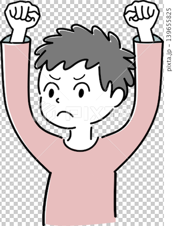 拳を挙げてガッツポーズをする怒った顔の男性の上半身シンプルイラスト(努力・不満・ストレス・人物) 拳を挙げてガッツポーズをする怒った顔の男性の上半身シンプルイラスト(努力・不満・ストレス・人物) 139655825