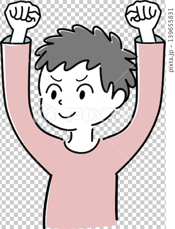 Simple illustration of a man's upper body smiling and making a victory pose (success, achievement, motivation, positivity, person image) 139655831