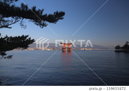 広島県廿日市市 宮島 厳島神社 昇る朝日に照らされる鮮やかな朱色の大鳥居 広島県廿日市市 宮島 厳島神社 昇る朝日に照らされる鮮やかな朱色の大鳥居 139655872