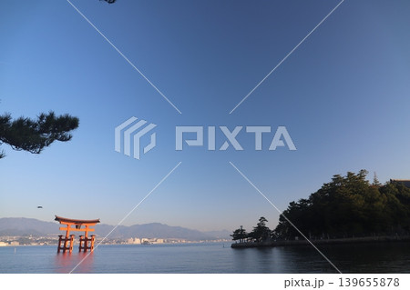 広島県廿日市市 宮島 厳島神社 昇る朝日に照らされる鮮やかな朱色の大鳥居 139655878
