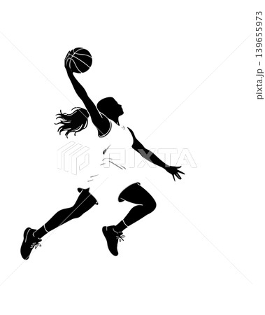 Silhouette of a Female Basketball Player Dunking a Ball in Mid-Air Action Silhouette of a Female Basketball Player Dunking a Ball in Mid-Air Action 139655973