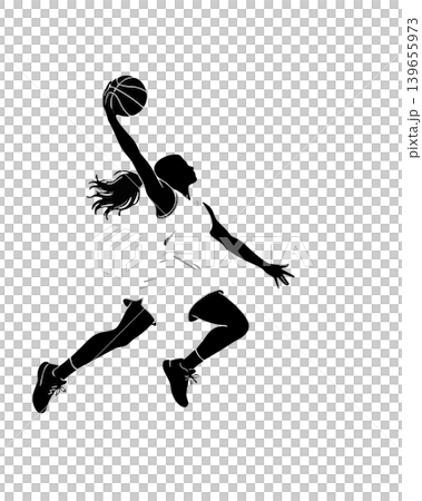 Silhouette of a Female Basketball Player Dunking a Ball in Mid-Air Action Silhouette of a Female Basketball Player Dunking a Ball in Mid-Air Action 139655973