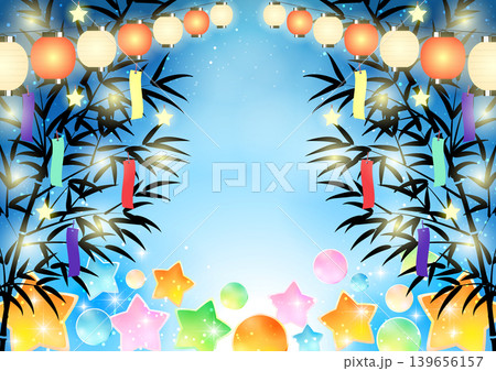 七夕背景イラスト、ちょうちんガーランド、ポップ星、かわいい、影、横 139656157