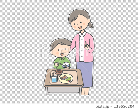 給食が苦手な男の子に寄り添う先生 給食が苦手な男の子に寄り添う先生 139656204