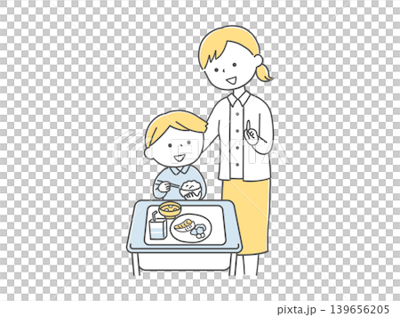 給食が苦手な男の子に寄り添う先生単色 給食が苦手な男の子に寄り添う先生単色 139656205