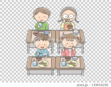 孩子們開心地吃著學校午餐。 139656206