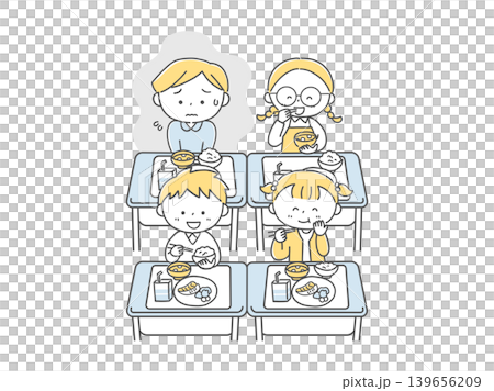 A boy who dislikes eating school lunch and a monochrome image of a school lunch scene. A boy who dislikes eating school lunch and a monochrome image of a school lunch scene. 139656209