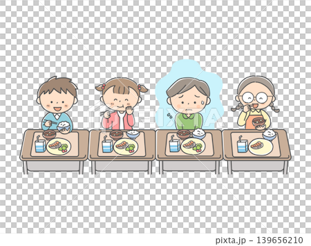 給食を食べるのが苦手な男の子と給食風景 139656210